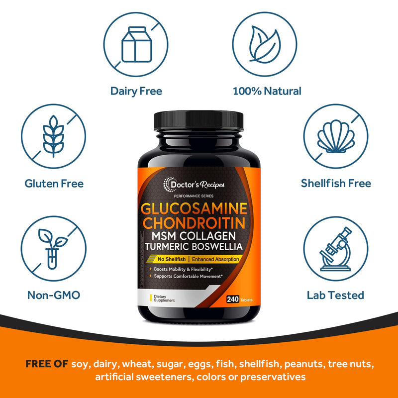 Doctor's Recipes Glucosamine Chondroitin MSM Turmeric Quercetin, Movement Support Supplement for Men & Women, with Black Pepper for High Absorption, Mobility & Flexibility, No Shellfish, 240 Tablets