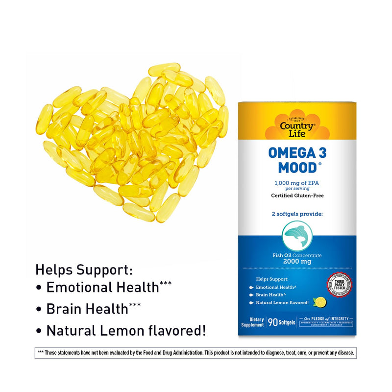 Country Life Omega 3 Mood Fish Oil, 2000mg, 90 Softgels | EPA & DHA for Brain, Heart & Mood Support, Lemon Flavor, No Fishy Aftertaste, Gluten Free, Non-GMO