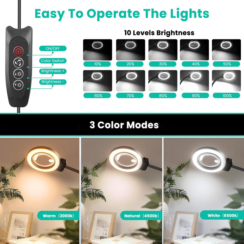 10X/30X Magnifying Glass with Light and Stand, 2-in-1 Magnifying Floor Lamp with 72 Adjustable Brightness LED Lamp Bulbs, Flexible Gooseneck Standing Magnifying Lamp for Close Work, Craft, Reading