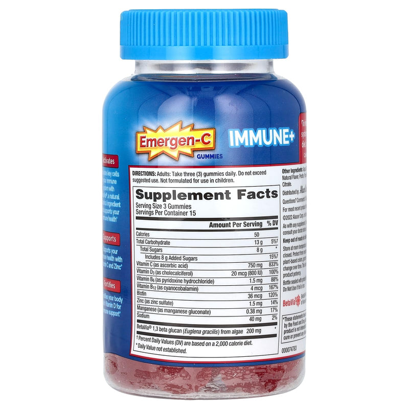 Emergen-C Immune+ Triple Action Immune Support Gummies, BetaVia (R), 1000mg Vitamin C, B Vitamins, Vitamin D and Antioxidants, Raspberry – 45 Count 45 Count (Pack of 1)