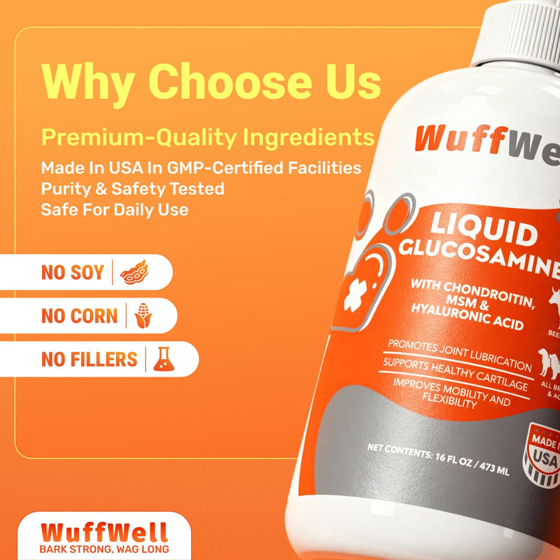 WuffWell Liquid Glucosamine for Dogs Hip & Joint Support with Chondroitin, MSM & Hyaluronic Acid, Dog Joint Supplement for Mobility & Cartilage Health, Easy Pump Dosage, All Breeds, Made in USA, 16oz