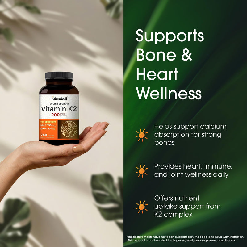 NatureBell Vitamin K2-240 Capsules - 200mcg Double Strength MK-7 & MK-4 Complex - Heart, Bone & Immune Health Support* - Complete K Vitamins Formula