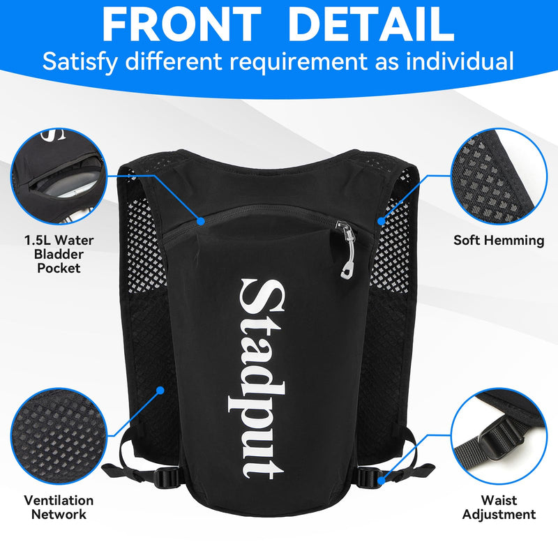 Reflective Hydration Running Vest Backpack | Lightweight 1.6L Water Bladder Bag for Trail Running, Cycling & Marathon | Perfect for Men & Women with Mobile Holder & Multiple Pockets | Premium Black