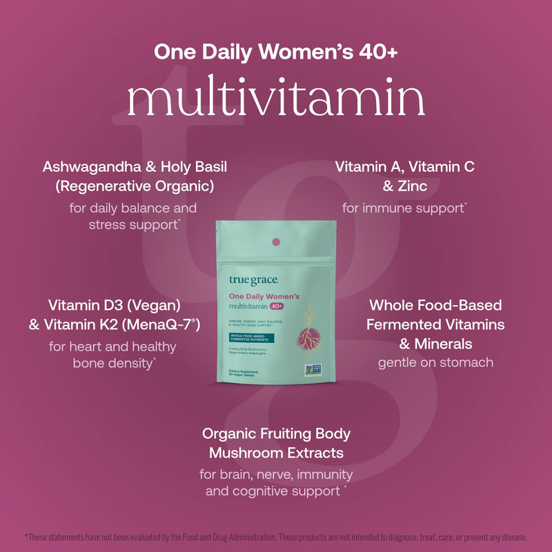 True Grace One Daily Women’s Multivitamin 40+ Fermented Minerals, Organic Adaptogens & Mushrooms Energy, Immune, Bone Support - Non-GMO - Iron, Gluten & Soy Free - 90 Vegan Tablets 90 Day Supply