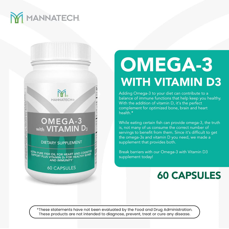Mannatech - Omega-3 with Vitamin D3 - Softgels | Contains Pure Fish Oil, Omega-3 Fatty Acids, Vitamin D3, Supports Bone, Heart and Cognitive Health, Easy-to-Take Softgels