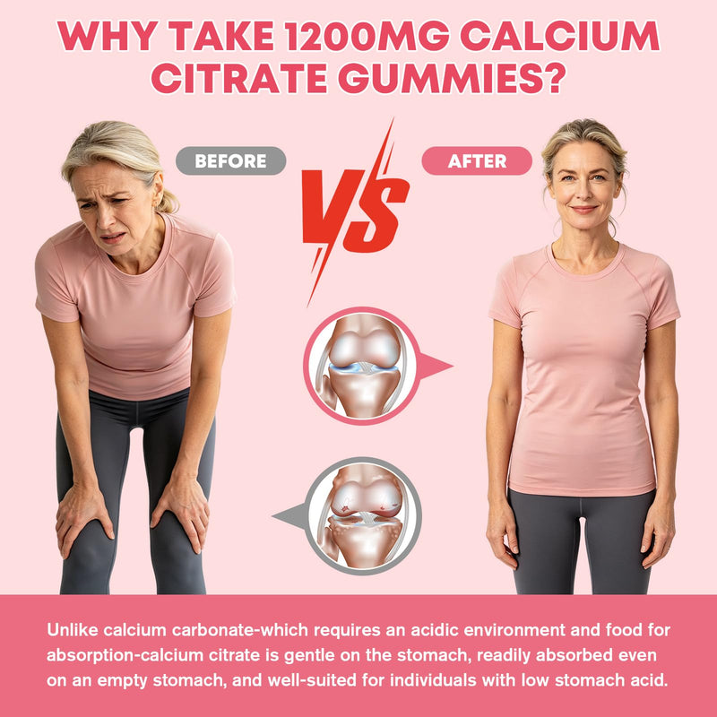 Calcium Gummies for Women，Calcium Citrate 1200 mg with Vitamin D3, K2, B12, Magnesium, Zinc & Boron, Immune Support, Calcium Supplement for Women, Vegan, Sugar-Free, 60 Count