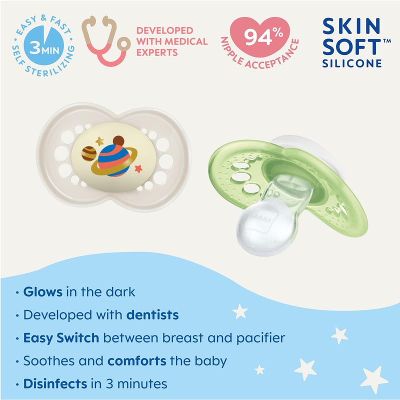 MAM Original Night Pacifiers, Binky Pacifier for 6-16 Months, BPA-Free Silicone, Glows in The Dark, Best for Newborn Babies, Developed with Medical Experts, 2 Count Binkies, with Sterilizer Case 2 Count (Pack of 1) Cotton / Shell - BeesActive Australia
