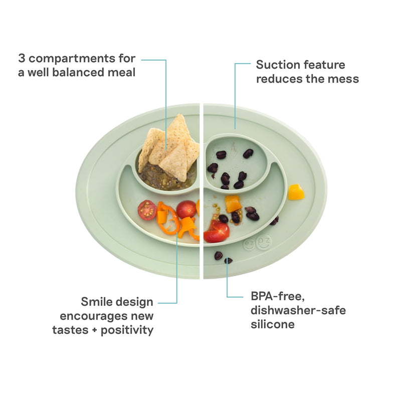 ezpz Mini Mat (Sage) - 6 -12 Months+ - 100% Silicone Suction Placemat + Divided Plate with Three Compartments - Supports Baby-Led Weaning - Designed for Highchair, Table, and Travel Sage 12 Months +