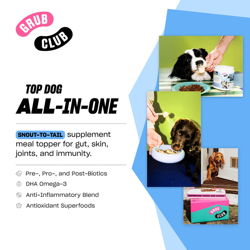 Grub Club Top-Dog All In One Dog Food Topper (300g - Up To 2 Months Supply) - Dog Health Supplement Topper With Glucosamine, Prebiotic Fibre, Probiotics For Dogs, Omega 3 & Vitamins - Made In The UK