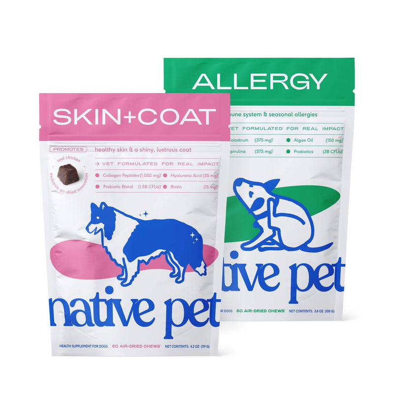 Native Pet Allergy Chews (60 Air-Dried Chews) & Omega Skin and Coat Chews for Dogs (60 Air-Dried Chews) - Promotes Healthy Skin, Shiny Coat, & Digestive Support