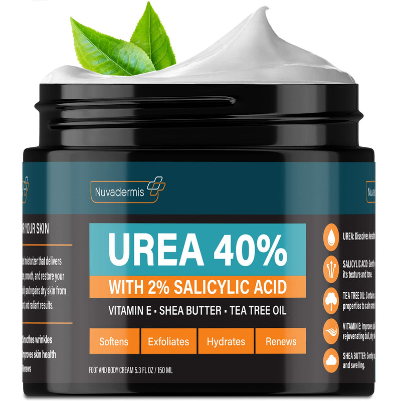 NUVADERMIS 40% Urea Cream - Full Body Moisturizing Cream for Extremely Dry Skin - Maximum Strength Urea Cream with 40 Percent Urea for Feet, Hands, Elbows & Body - Urea + Salicylic Acid – 5.3 fl oz Regular - 1 Pack