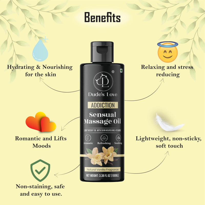 Organic - Sensual Delights -Vanilla Massage Oil - No Stain & Non-Sticky | with Fractionated Coconut Oil, Natural Vanilla & Jasmine | Nourish & Moisturise Skin for Date Night ADDICTION - VANILLA 3.38 Fl Oz (Pack of 1) - BeesActive Australia