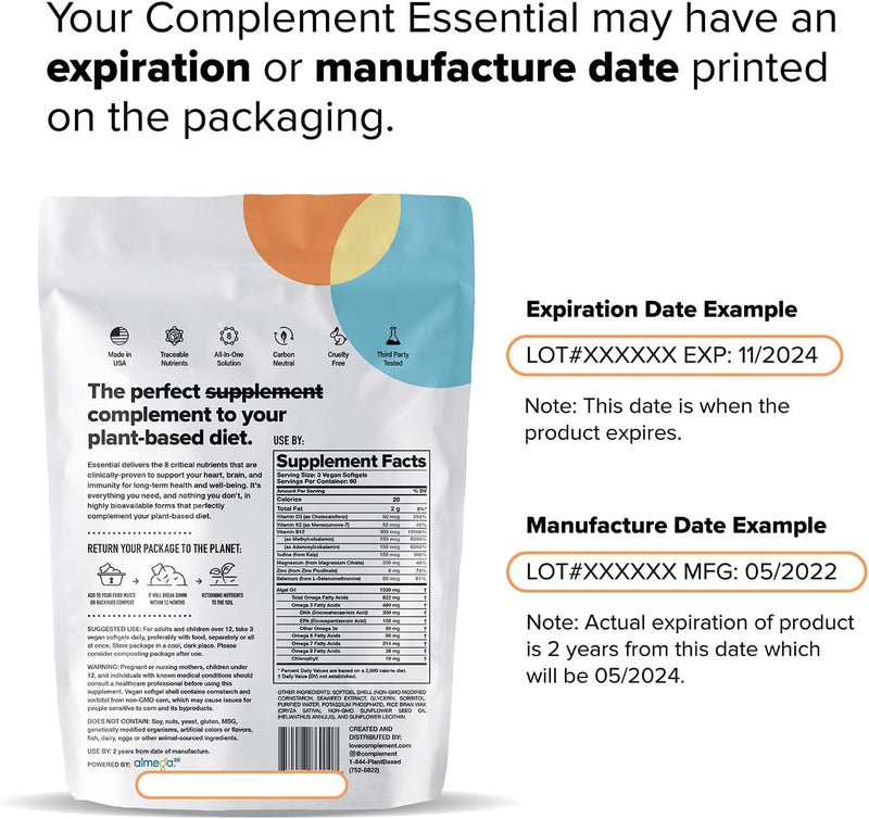 Complement Essential Vegan Multivitamin for Women & Men (30 Servings) | Immune Support Supplement - Omega-3 DHA & EPA, B12, Vitamin D3 & K2, Zinc, Selenium, Magnesium, Iodine 90 Capsules 90 Count (Pack of 1) Vitamins Only