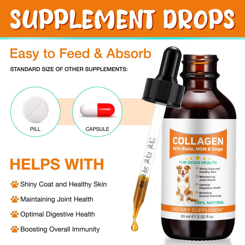 Liquid Collagen for Dogs | Joint Supplement for Dogs Skin & Coat | Itchy Relief & Digestive Health Support | Dog Collagen with Biotin, MSM & Ginger | 60ml Dog Supplements for Hip & Joint Care (2) 2