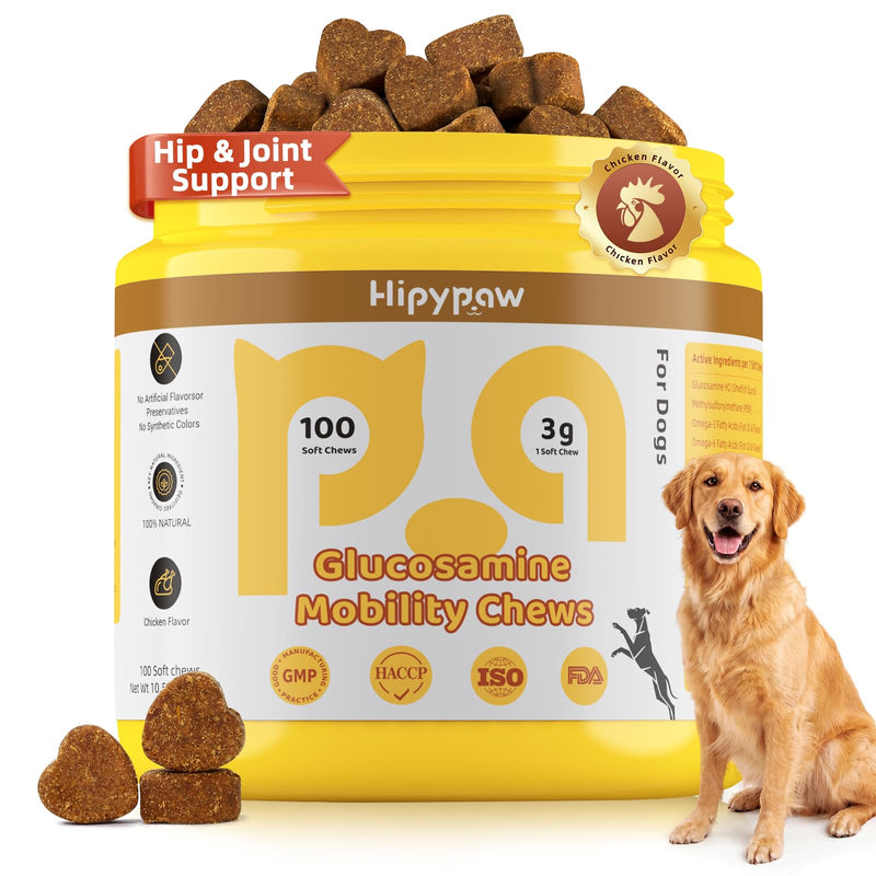 Glucosamine for Dogs, Hip & Joint Support Soft Chews with Chondroitin MSM, Green Lipped Mussel, Omega-3 & Turmeric, Joint Pain Relief,Mobility Support - Senior & Active Dogs, Chicken Flavor,100 Count Yellow