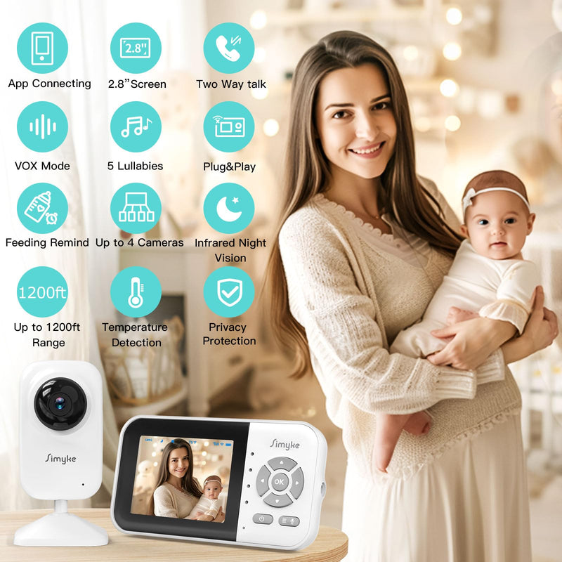 Upgrade Video Baby Monitor,WiFi Baby Camera,2.8" Display and App Control,1200ft Long Range,2 Way Talk,Auto Night Vision,Sound Alert,VOX,Temperature Sensor 5 Lullabies Feeding Remind,Home Use BME28-1