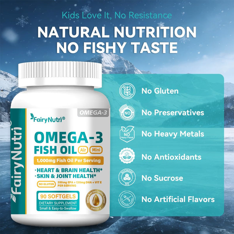 Omega-3 Fish Oil Softgels, 1000mg Per Serving, 350mg EPA + 130mg DHA, Heart & Brain Health Support, Air Mini Small & Easy to Swallow, 90 Count