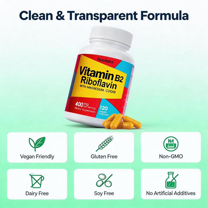 Vitamin B2 Riboflavin 400mg with Magnesium & CoQ10, High Potency Vitamin B2 Supplement for Energy Metabolism & Daily Wellness, 120 Veggie Capsules, 60 Day Supply
