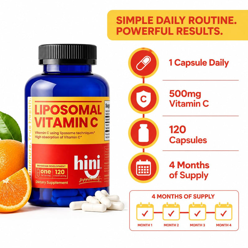 HINI Liposomal Vitamin C 500mg, High Absorption Vitamin C Supplement with CellG8 Quali-C, Daily Immune & Antioxidant Support, 1 Capsule Daily, 120 Servings