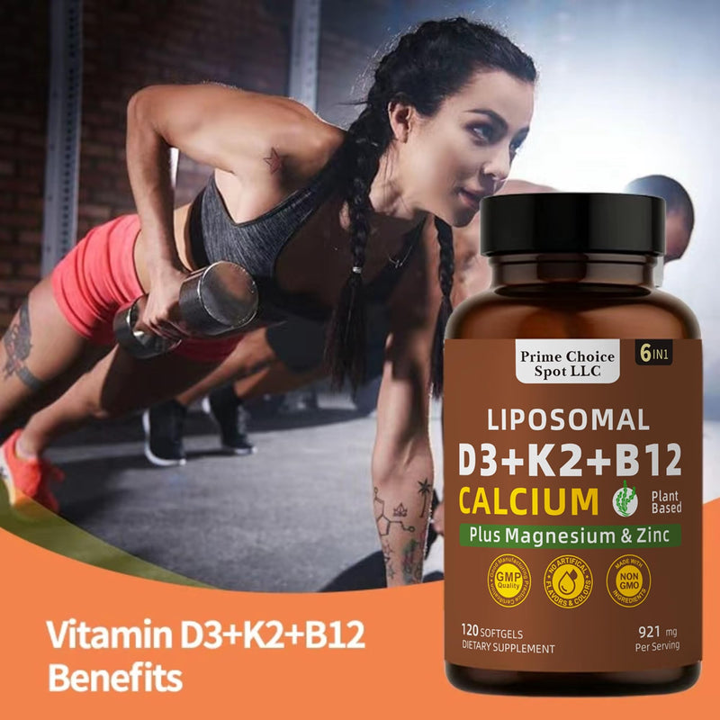 Vitamin D3 K2 B12 with Calcium Magnesium Zinc, 5000 IU, 120 Softgels | 6-in-1 bone & muscle support, High Potency D3 5000 IU, K2 MK7 for calcium absorption, Mobility & Energy, non-GMO, plant-based