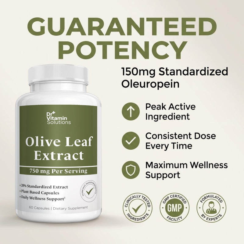 Olive Leaf Extract Capsules 750mg - 150mg Oleuropein, 60 Capsules 2 Month | 20% Standardized Herbal Supplement, Immune and Antioxidant Support, Non-GMO, Vegan, Gluten Free, Soy Free, No Fillers