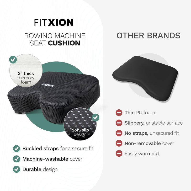 Rowing Machine Seat Cushion – Ergonomic Tail Bone Comfort Memory Foam Pad for Concept 2, Water Rower, Peloton or Recumbent Bike. Anti-Slip Base, Buckled Straps for Indoor Rowing Workouts