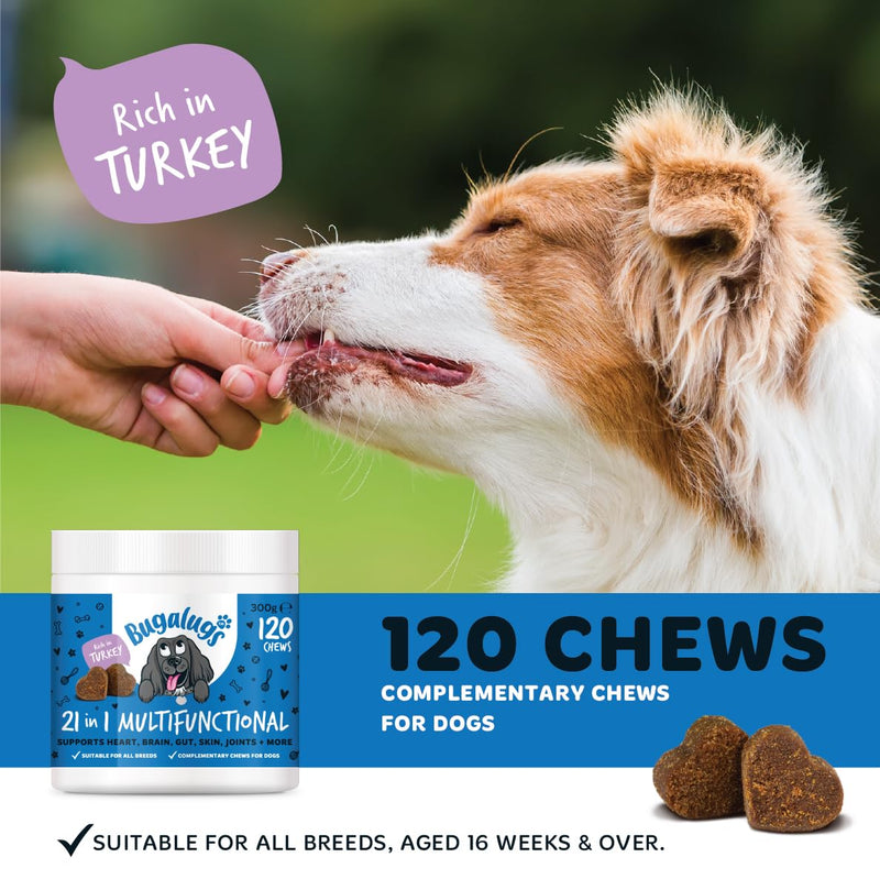 BUGALUGS 21 in 1 Multifunctional Dog Treats – Helps Gut, Teeth, Bladder, Joints, Calming, Relax & Itchy Skin - Perfect for Small, Medium & Large Dogs -120 chews