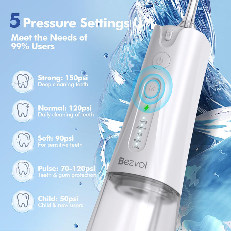 Bezvoi Water Flosser Teeth Pick: 5 Modes Cordless Water Dental Floss 300ML Portable Rechargeable IPX7 Waterproof Electric Water Flossing Cleaning Picks with 6 Jet Tips Oral Irrigator Cleaner, White
