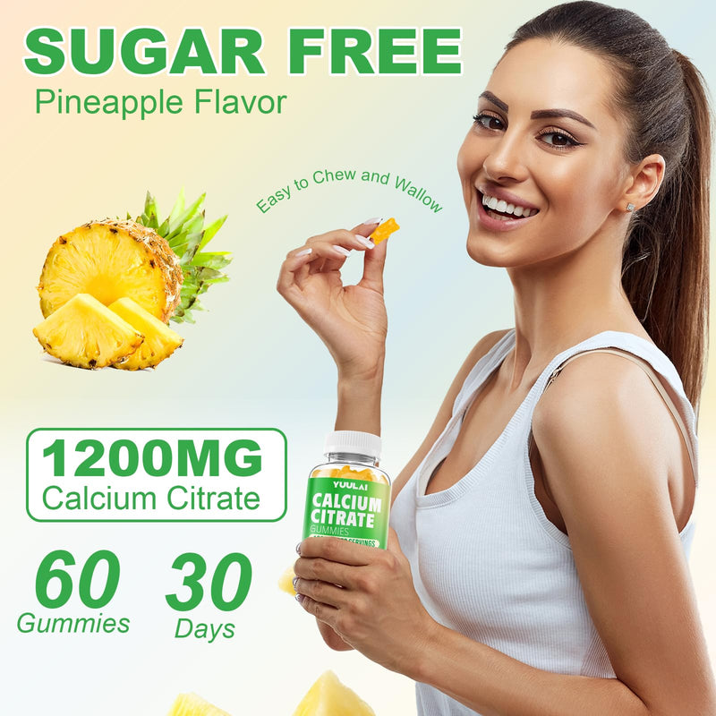 Pack of 2 Calcium Citrate Gummies 1200mg, Chewable Calcium Supplements for Women & Men, Sugar Free Calcium Gummies for Bone, Muscle & Immune Support, Pineapple Flavor, 120 Count 120 Count (Pack of 1)