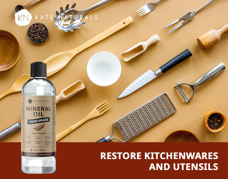 Kate Naturals Mineral Oil for Cutting Board 8oz. Food Grade & Food Safe Mineral Oil to Protect Wood on Cutting Boards, Butcher Block & Bamboo Board 8 Ounce - BeesActive Australia
