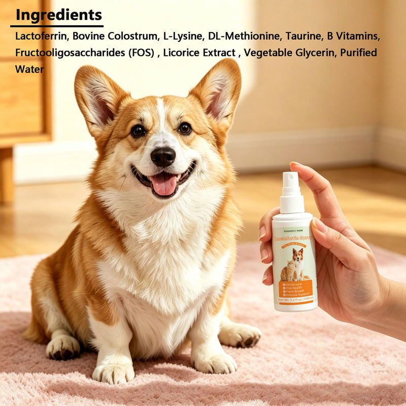 Lactoferrin Pet Oral Care Spray for Dogs & Cats, Natural Pet Breath Freshener with Colostrum, Taurine & Prebiotics, Gentle Daily Oral Support for All Breeds & Ages，100ml