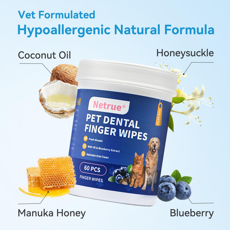 Netrue Dog Teeth Cleaning Wipes, Dog Dental Cleaning Finger Wipes for Dogs Teeth，Dog Tooth Wipes- Reduces Plaque & Freshens Breath (60 Count) - BeesActive Australia