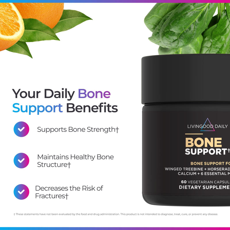 Livingood Daily Bone Health Support, Calcium Supplement, 60 Capsules | 12-in-1 Bone Support, Cissus Quadrangularis, Calcium, Magnesium, Zinc, Vitamin K2 & D3, Non GMO, Gluten Free, Made in USA