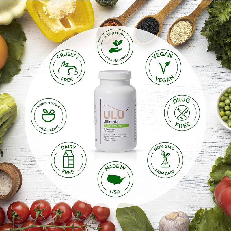 Ultimate Multivitamin: Vegan, Iron Free, Promotes Stronger Hair, Skin, & Nails and Improves Antioxidant & Energy with Better Sleep & Less Stress - 180 Capsules (30-Day Supply)