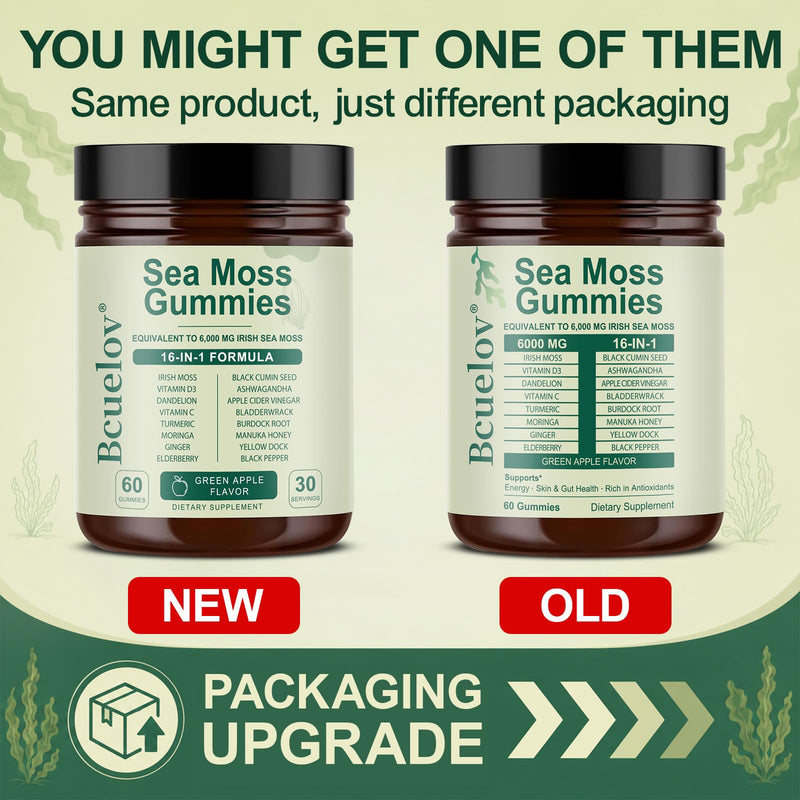 Sea Moss Gummies, 16-in-1 Blend with Ashwagandha, Black Seed Oil, Bladder Wrack, Turmeric, Vitamin C & D3, Manuka Honey, Burdock Root, Dandelion, Yellow Dock, Elderberry - Green Apple Flavor