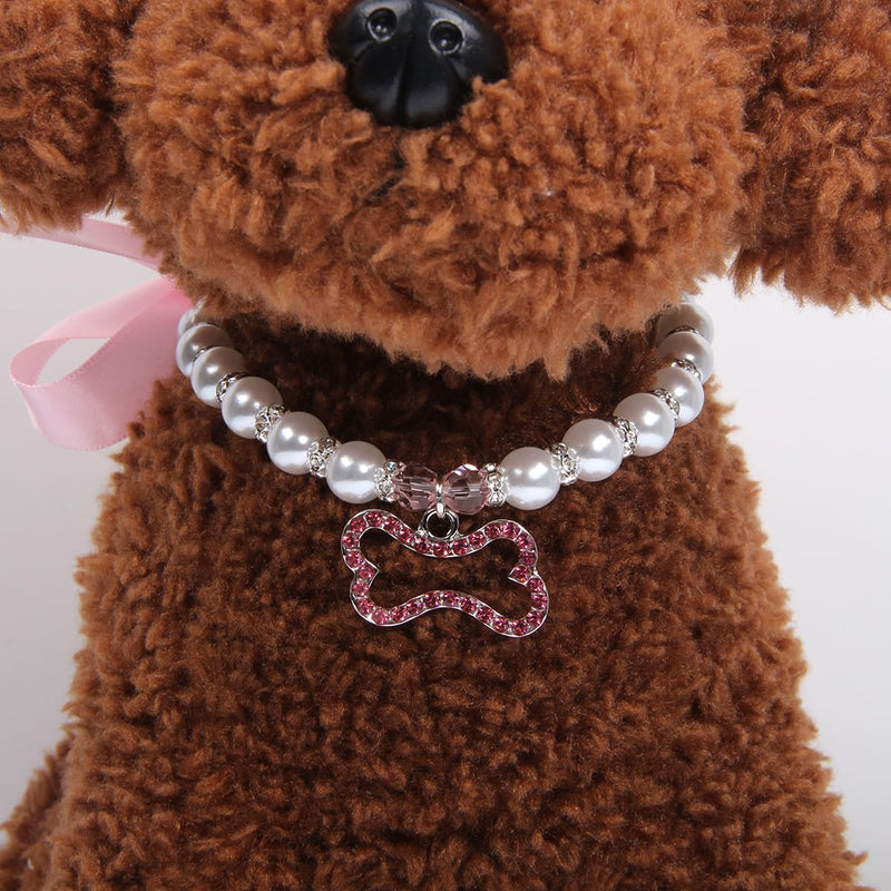 Dog Cat Pearls Necklace Collar with Rhinestones Bone Charm Pendant Pet Puppy Jewelry Accessory (Pink, Small) Pink - BeesActive Australia