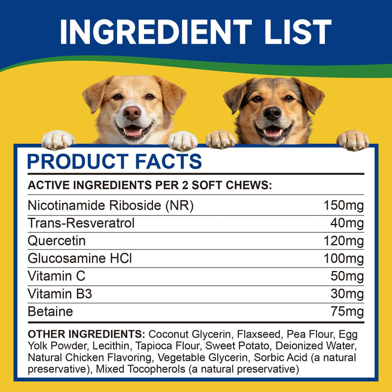 NAD Supplement for Dogs - NAD Soft Chews for Senior Dogs - Energy & Vitality, Anti-Aging, Cognitive Function - NR, Trans-Resveratrol, Quercetin, Glucosamine HCI - 140 Chews, Chicken Flavor