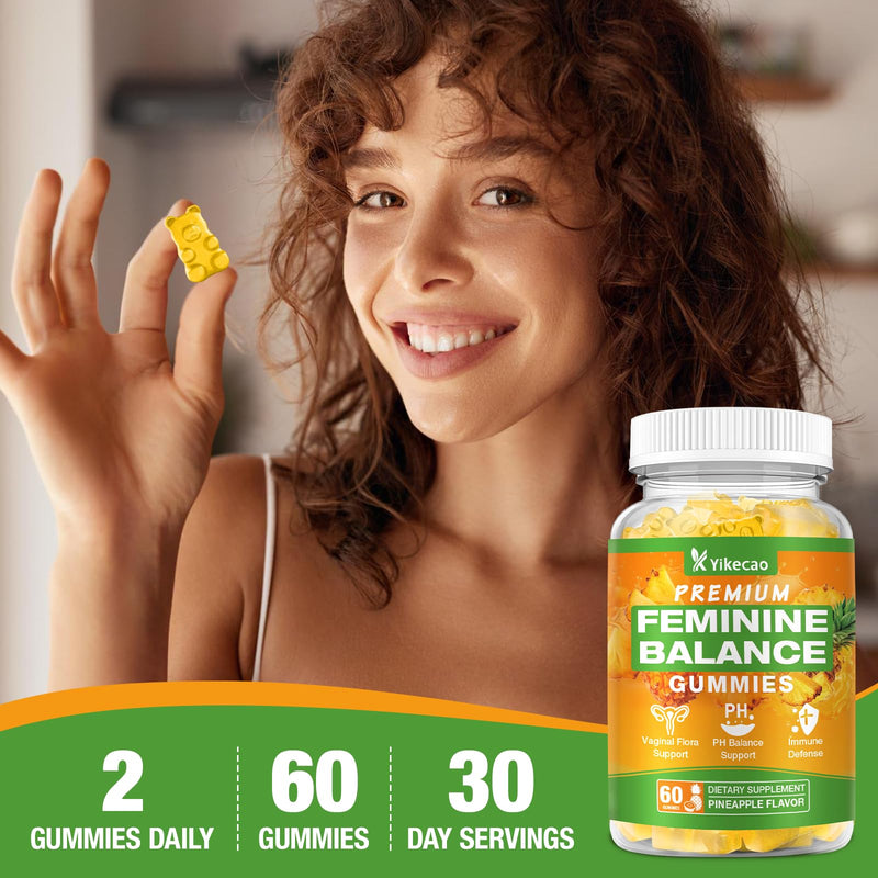 Premium Feminine Balance Gummies for Women, Pineapple Gummies for Women Ph Balance & Vaginal Health, Immune Support, Vegan, Gluten-Free, Pineapple Flavor, 60 Count 1pack
