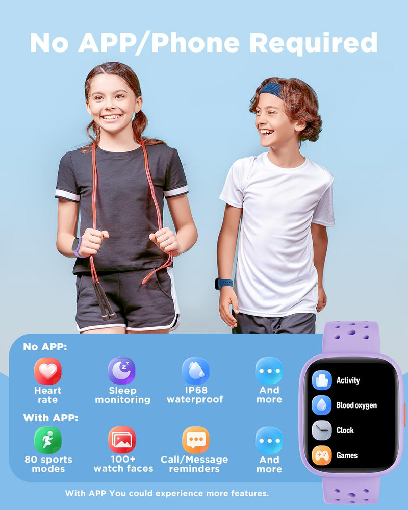 BIGGERFIVE Kids Smart Watch No Phone Needed, 1.8" Fitness Tracker Watch Lilac