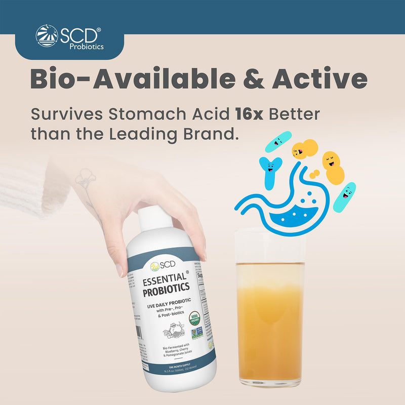 SCD Probiotics Essential Probiotics Gut Health Drink with Prebiotics, 16 oz | All Ages 2+, 11 Live Strains, Acidophilus, Certified Organic, Vegan, Gluten Free, 30 Servings, Double Sealed, Zero Sugar 16 Fl Oz (Pack of 1)