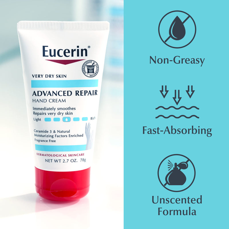 Eucerin Advanced Repair Hand Cream, Immediately Soothes and Repairs Very Dry Skin, Fragrance Free, Non Greasy, Fast Absorbing, Travel Size Hand Lotion, 2.7 Oz Tube, Pack of 3 2.7 Ounce (Pack of 3)