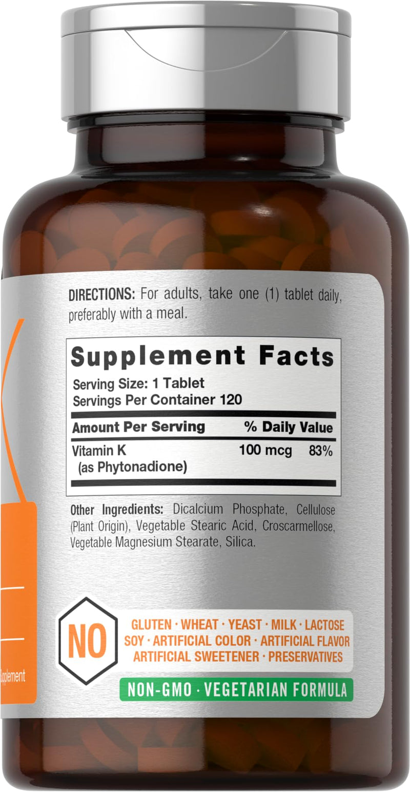 Horbäach Vitamin K Supplement | 100mcg | 120 Tablets | Vegetarian, Non-GMO & Gluten Free Supplement - BeesActive Australia