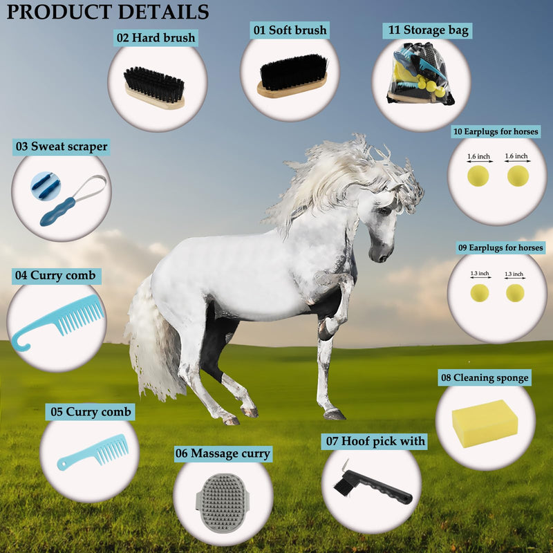 11PIC horse grooming kit,Horse cleaning set,Large and Small Curry Comb, Massage Brush, Soft and Hard Brush, Hoof Pick, Sweat Scraper, Bathing Sponge, Horse Ear Plugs, Folding Storage Bucket - BeesActive Australia