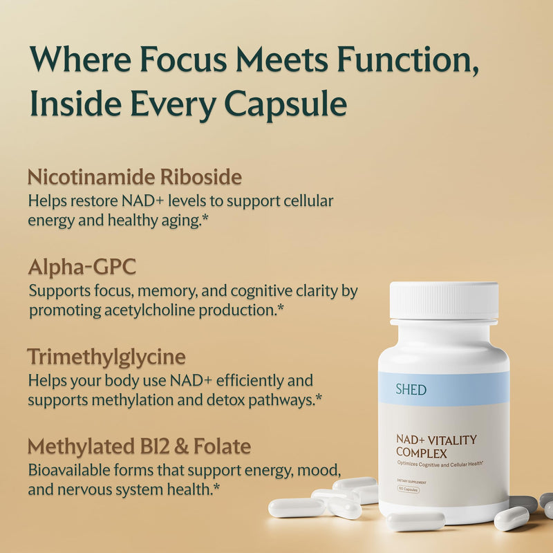 SHED NAD+ Supplement Vitality Complex with Nicotinamide Riboside (NR), Alpha-GPC, TMG & Methylated B Vitamins – Supports Energy, Focus, Cellular Health & Aging – 60 Capsules