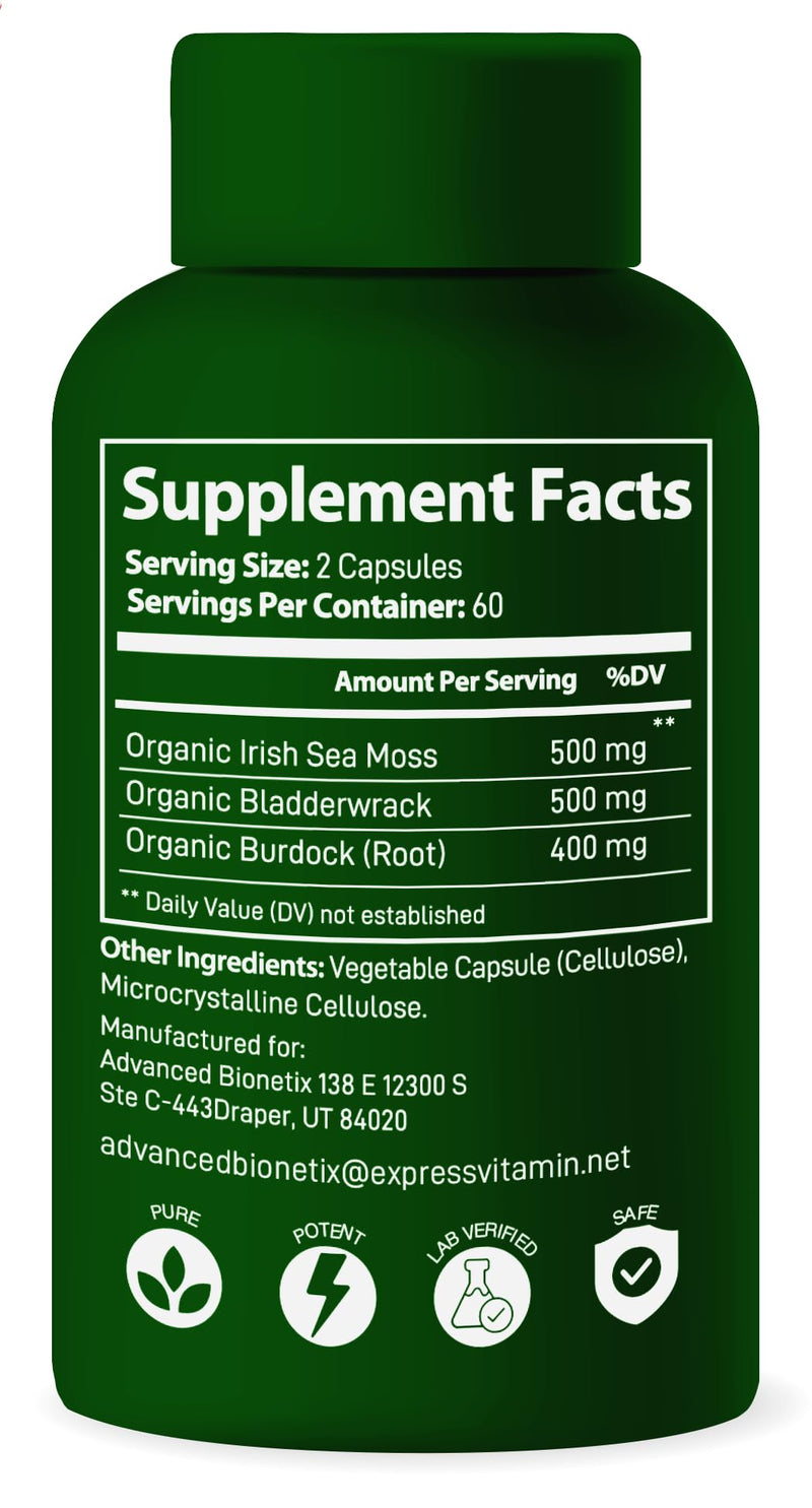 Advanced Bionetix Organic Irish Sea Moss Capsules, Raw Wildcrafted Seamoss Enhanced w/Bladderwrack & Burdock Root Capsules 120 Total Pills Antioxidant Packed. Prebiotic Superfood, Thyroid Support 120 Count (Pack of 1)