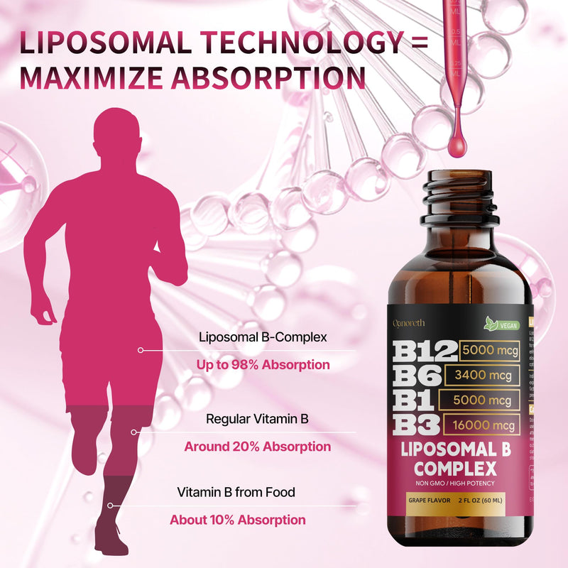 Liposomal Vitamin B12 Sublingual Methylcobalamin – Vitamin B Complex Liquid Drops with B6, B1 & B3 – Fast Absorption B12 Vitamins for Energy, Focus, Brain & Heart Support – Organic, Non-GMO, 2 fl oz