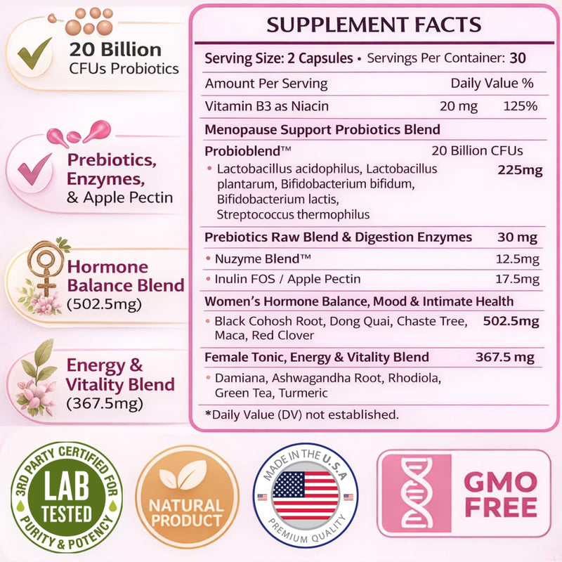 Lovely Menopause Supplements for Women - Dong Quai, Black Cohosh, Probiotics - Hot Flashes Relief, Vaginal Health & Dryness, Digestion, Sleep & Mood Support, Perimenopause Complex, Lab Tested 60 caps
