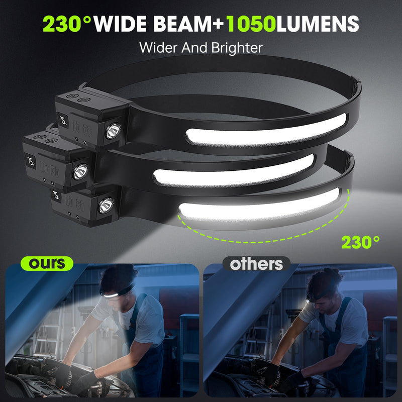 3Pcs Rechargeable Headlamp with Adjustable & Removable Spotlight, LED Waterproof Headlight, Headband Light, Motion Sensor Hands-Free,Head lamp Band, Super Bright, 6 Modes for Running,Fishing,Hiking Black 3Pack