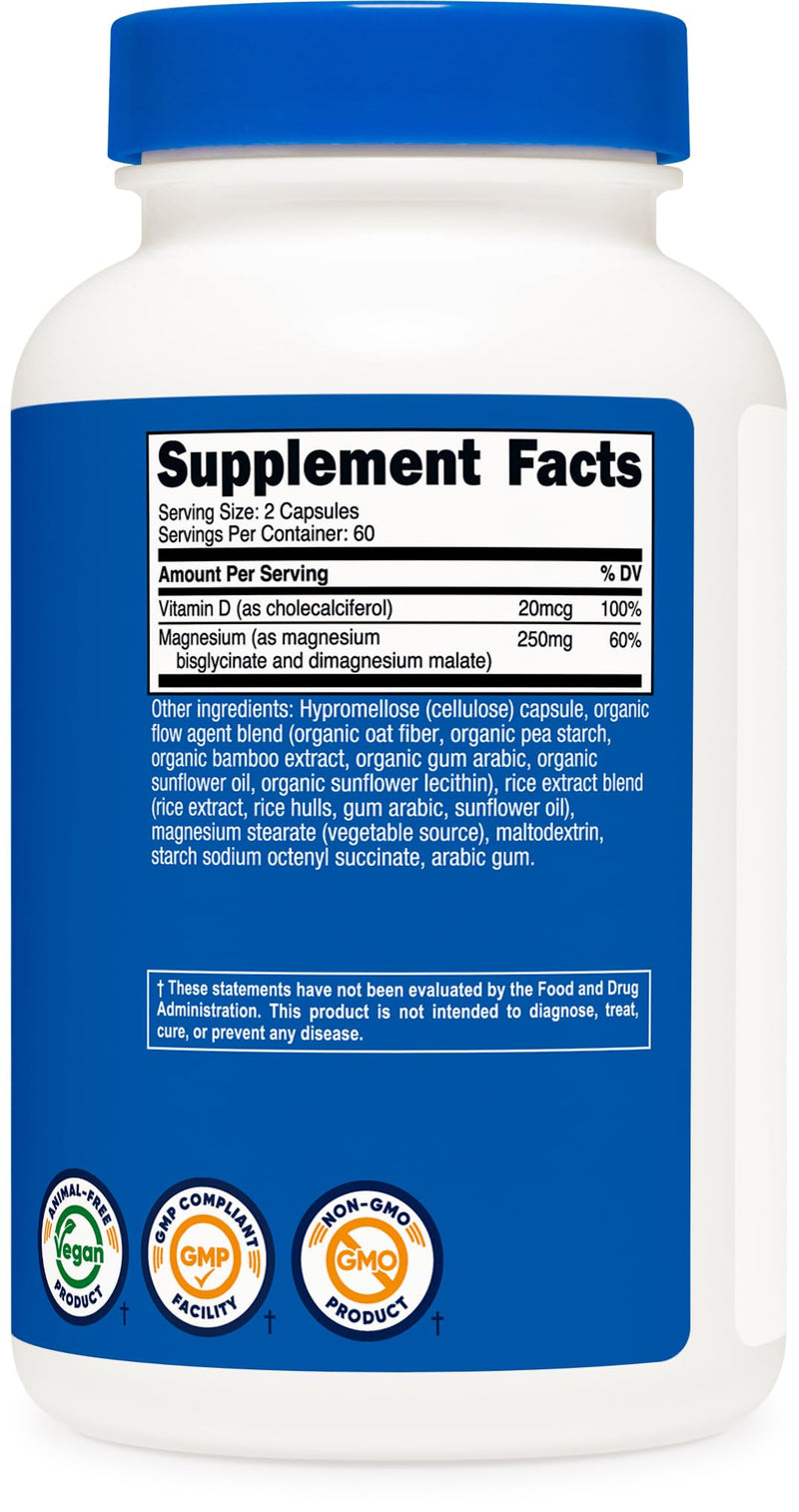 Nutricost Magnesium Glycinate + Malate (250mg) 120 Caps, High Absorption | With Vitamin D, Vegan, Gluten-Free, GMO-Free, 60 Servings