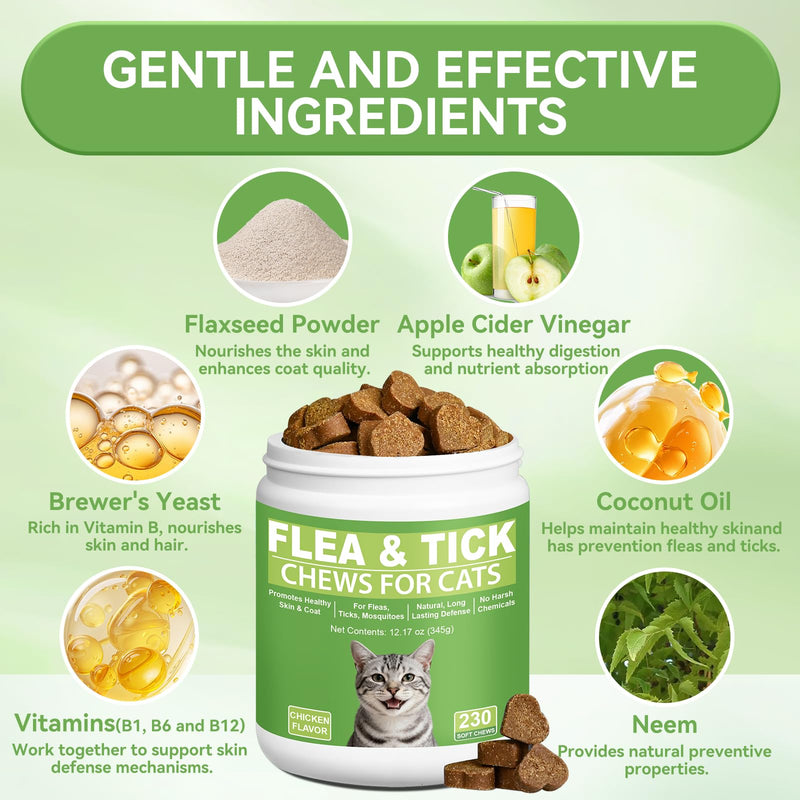 Cat Flea and Tick Chewables for Cats 230Ct, Natural Support Supplement, Flea Supplement for Cats, Flea and Tick Chews for Cats Kitten, All Breeds & Sizes, Digestive Health Chicken Flavor